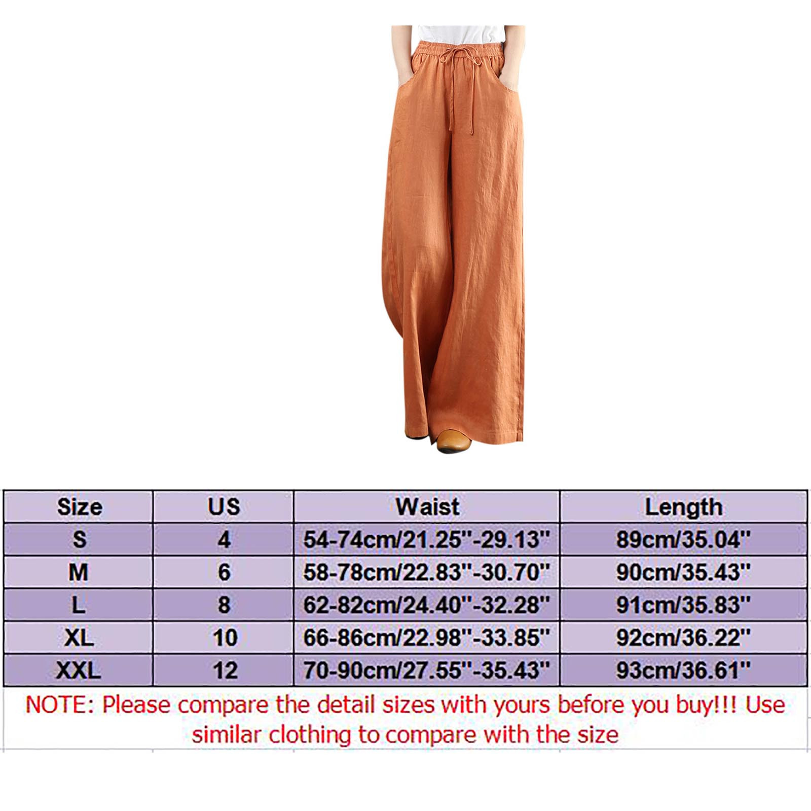 thumbnail image 3 of Pantalones palazzo de algodón y lino de cintura alta para mujer, con bolsillos, pantalones informales para estar por casa., 3 of 4